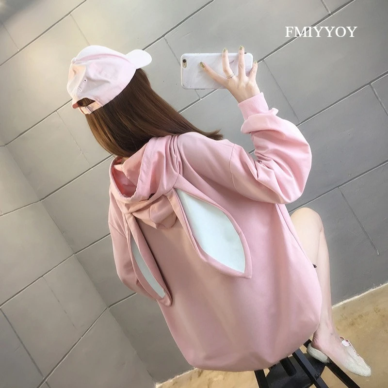 

FMIYYOY 2025 New Hooded Sweatshirt for Women Autumn Thin Loose Fit Featuring Rabbit Ears Long Sleeve Top