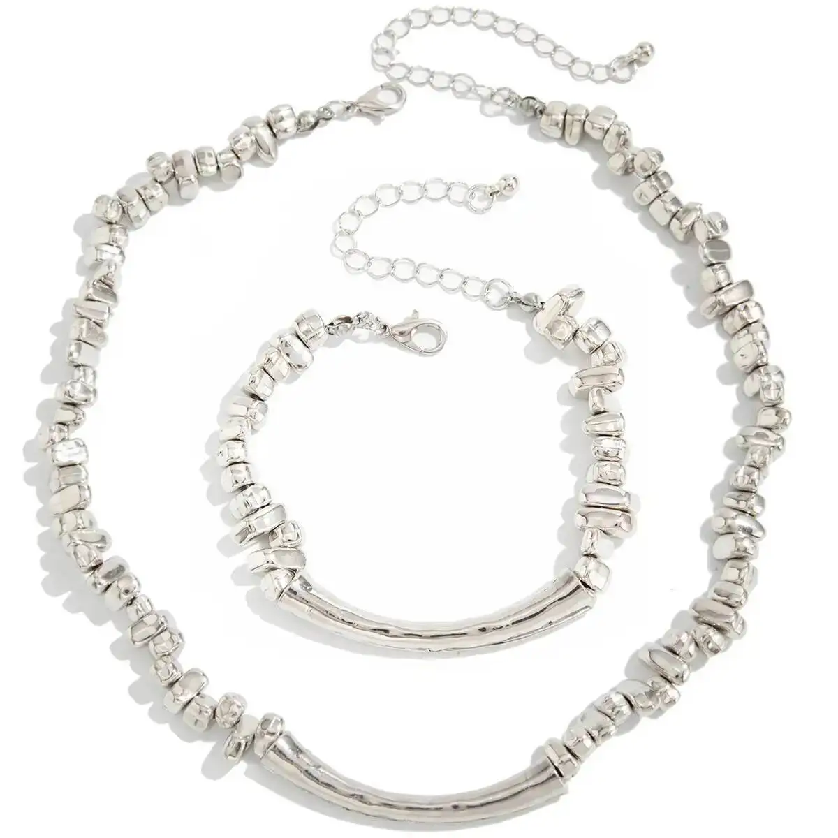 المرأة العصرية الحد الأدنى CCB حبة غير النظامية المختنق قلادة وسوار مجموعة مع خط معدني سلسلة الترقوة مجوهرات الأزياء #6