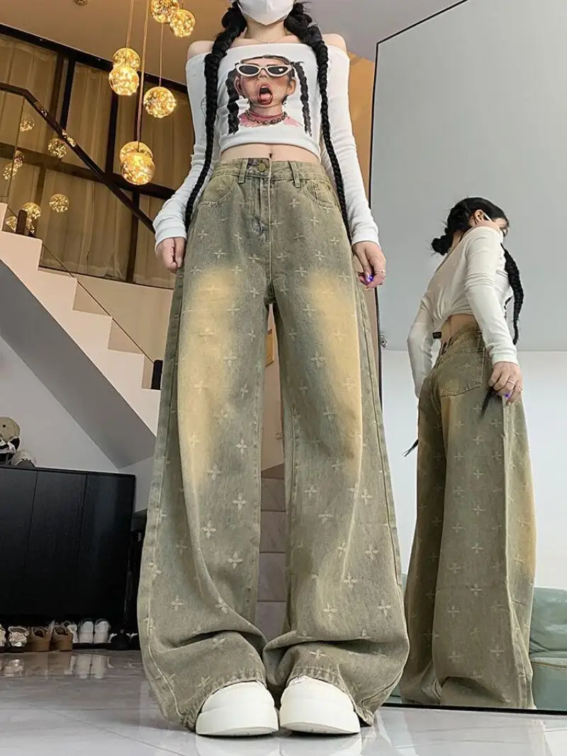 

Женские брюки, дышащие винтажные мягкие джинсовые зимне-осенние потертые джинсы в американском стиле ретро, сверхпрочные свободные длинные модные брюки с высокой талией