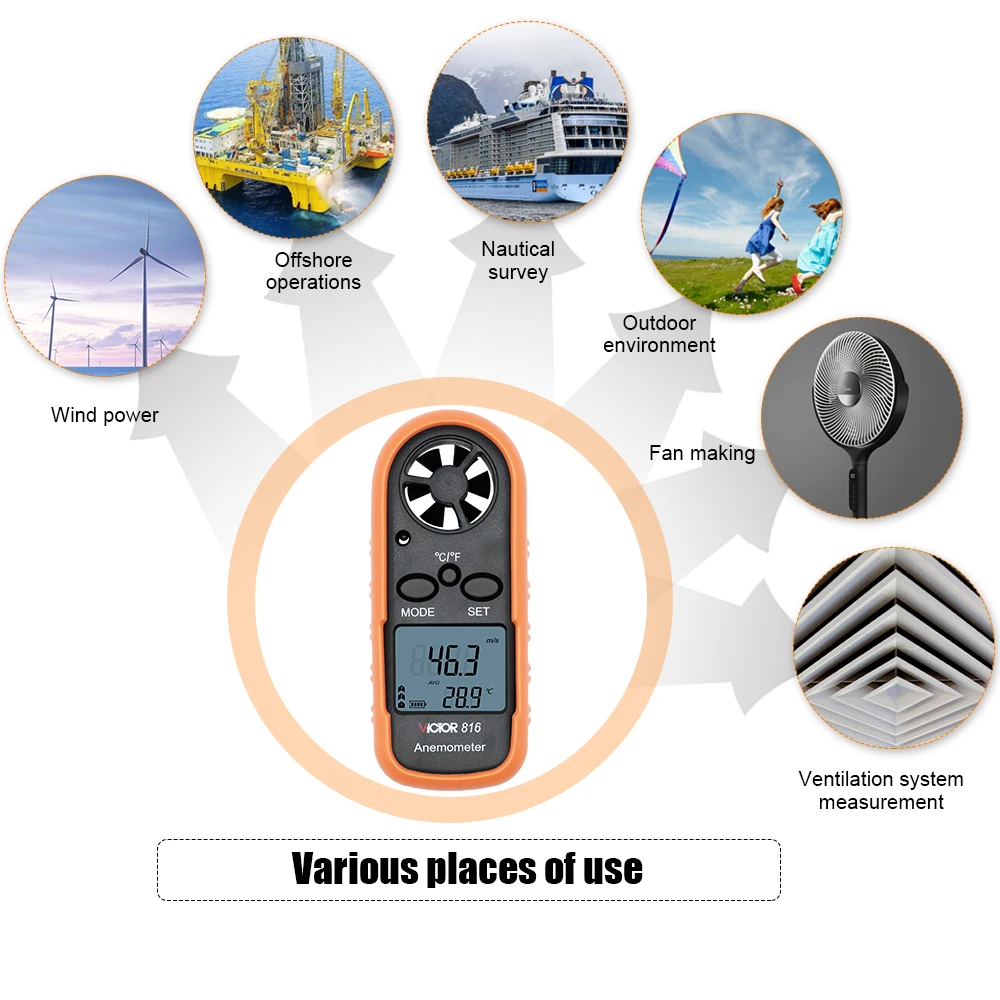 Victor 816 Anemometer Measuring Air Conditioning Outdoor LCD Wind Speed Temperature Volume Meter Sensing High Precision Tester