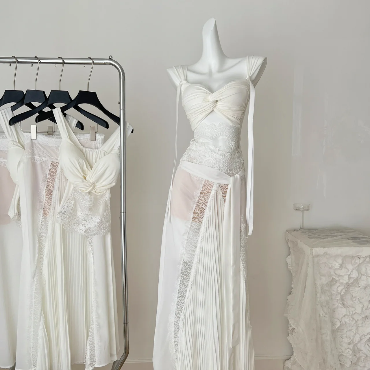 

Summer Women French Vacation Ballet Core 2000s Rave Birthday Coquette Outfits 2 Piece Set Lace Hollow Out Crop Top + Midi Skirt