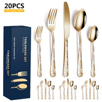 20PCS Flatware Set Stainless Steel Mirror-Polished Gold Cutlery Flatware Set 4 Knives 4 Forks 4 Spoons 4 Tea Forks 4 Teaspoons