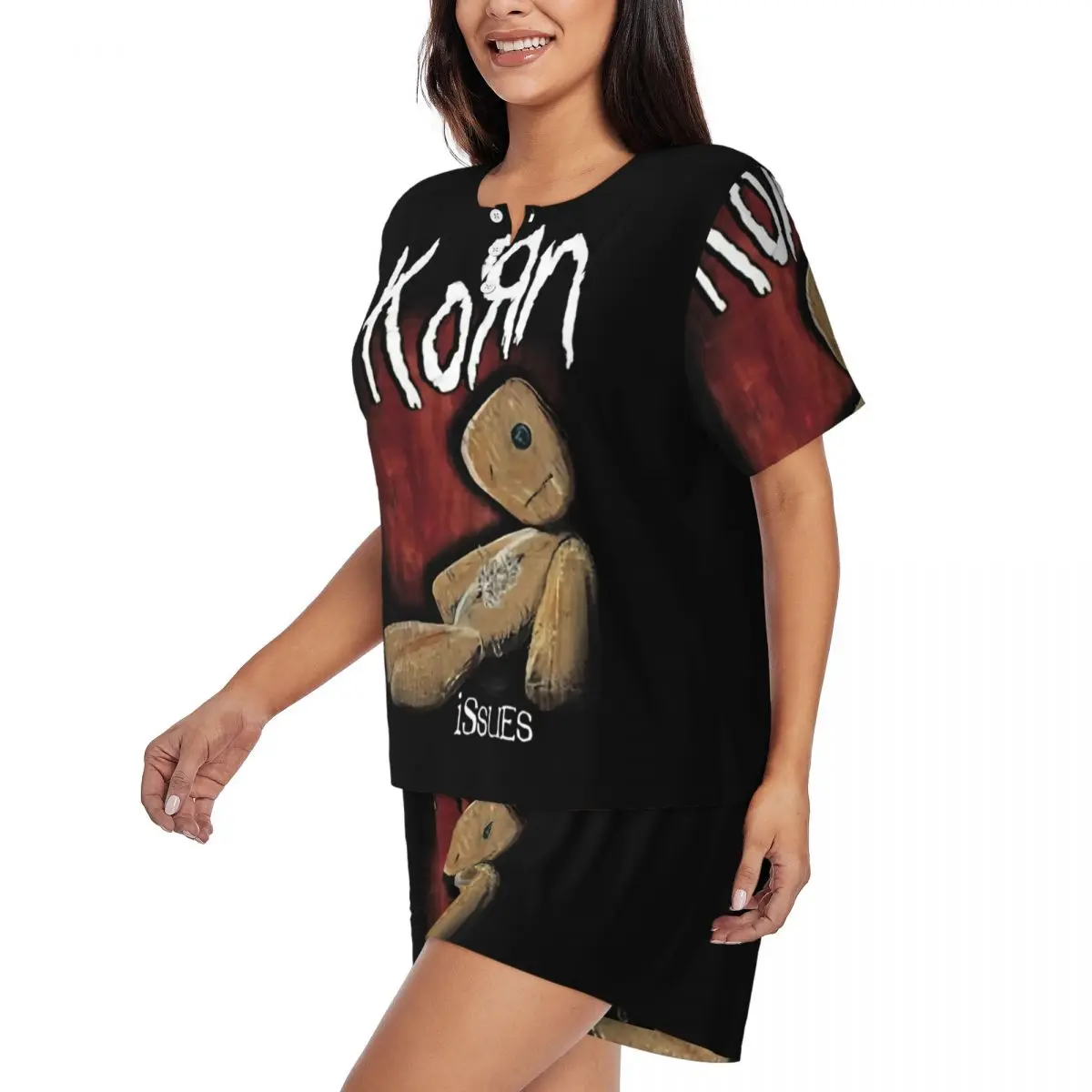 Custom Print Nu Metal Rock Band Korns Pajamas Set Women's Short Sleeve Sleepwear Loungewear 2 Piece Pjs