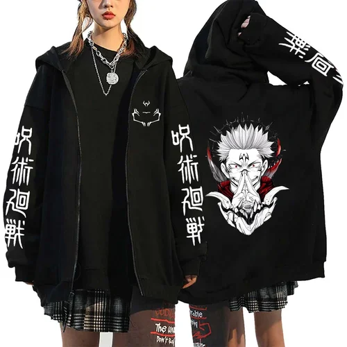 Ryomen Sukuna estampado con dibujo con capucha Anime Jujutsu Kaisen ropa hombres mujeres sudaderas con cremallera Harajuku sudadera Casual chaqueta con cremallera