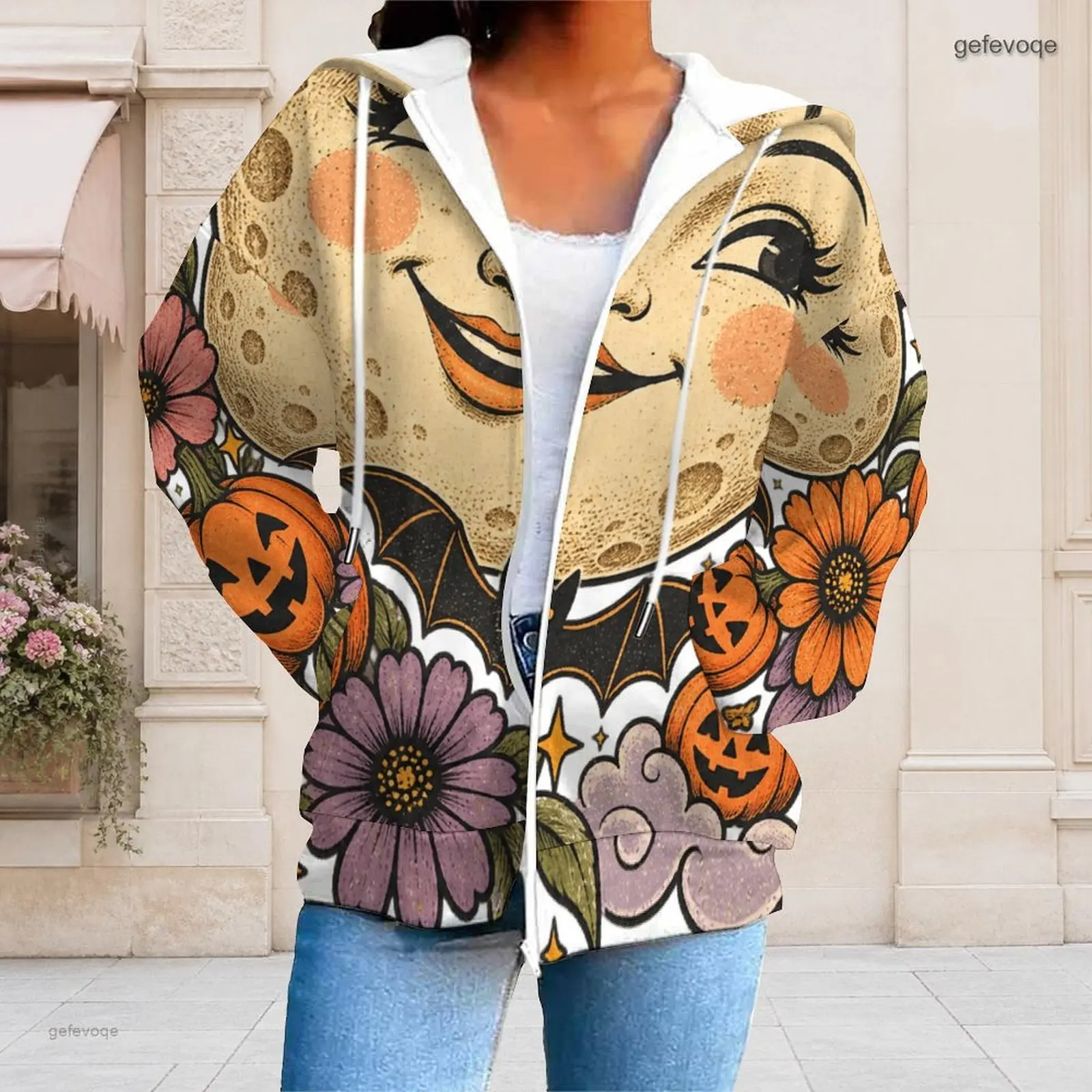 Women Long Sleeve Zip Up Hoodie with Printed Smiling Moon, Pumpkin, Bat and Floral Patterns
