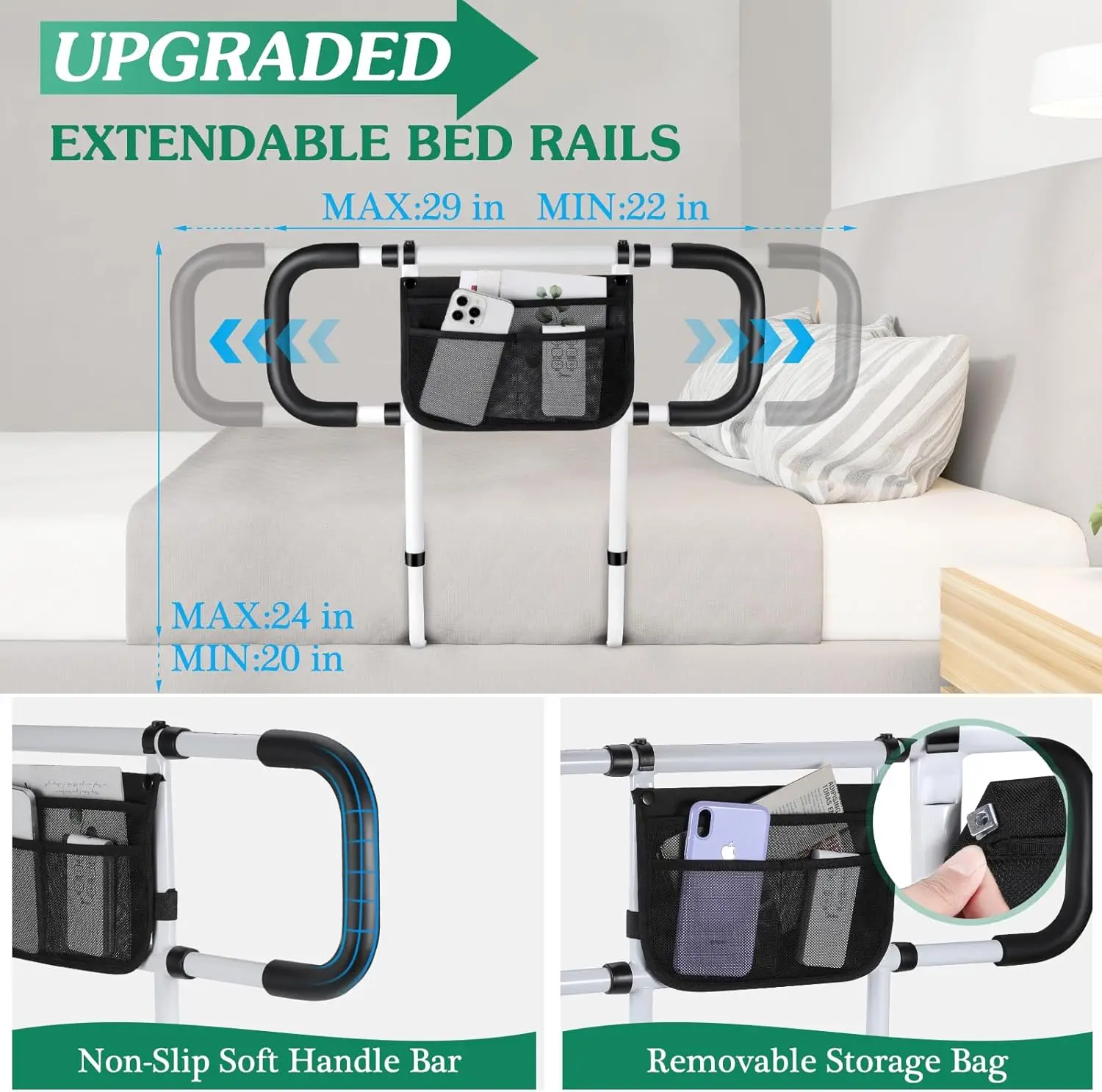 Bed Rails for Elderly Adults Safety - Adjustable Bed Side Rails Handle Support Bar Bed Guard Rail with Storage Bag &Fixing Strap