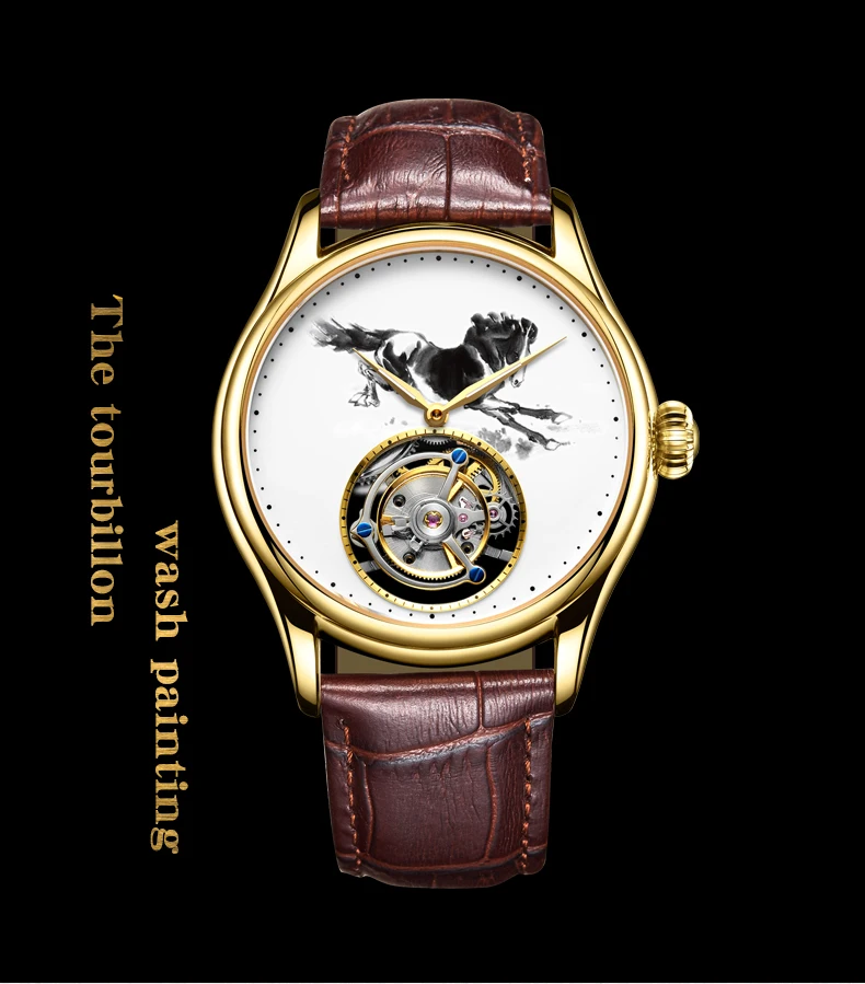 AESOP（manual 7010G）Men Tourbillon Watch Horse Ink Painting Skeleton Mechanical, 3D Hollow Carving, Sapphire Mirror