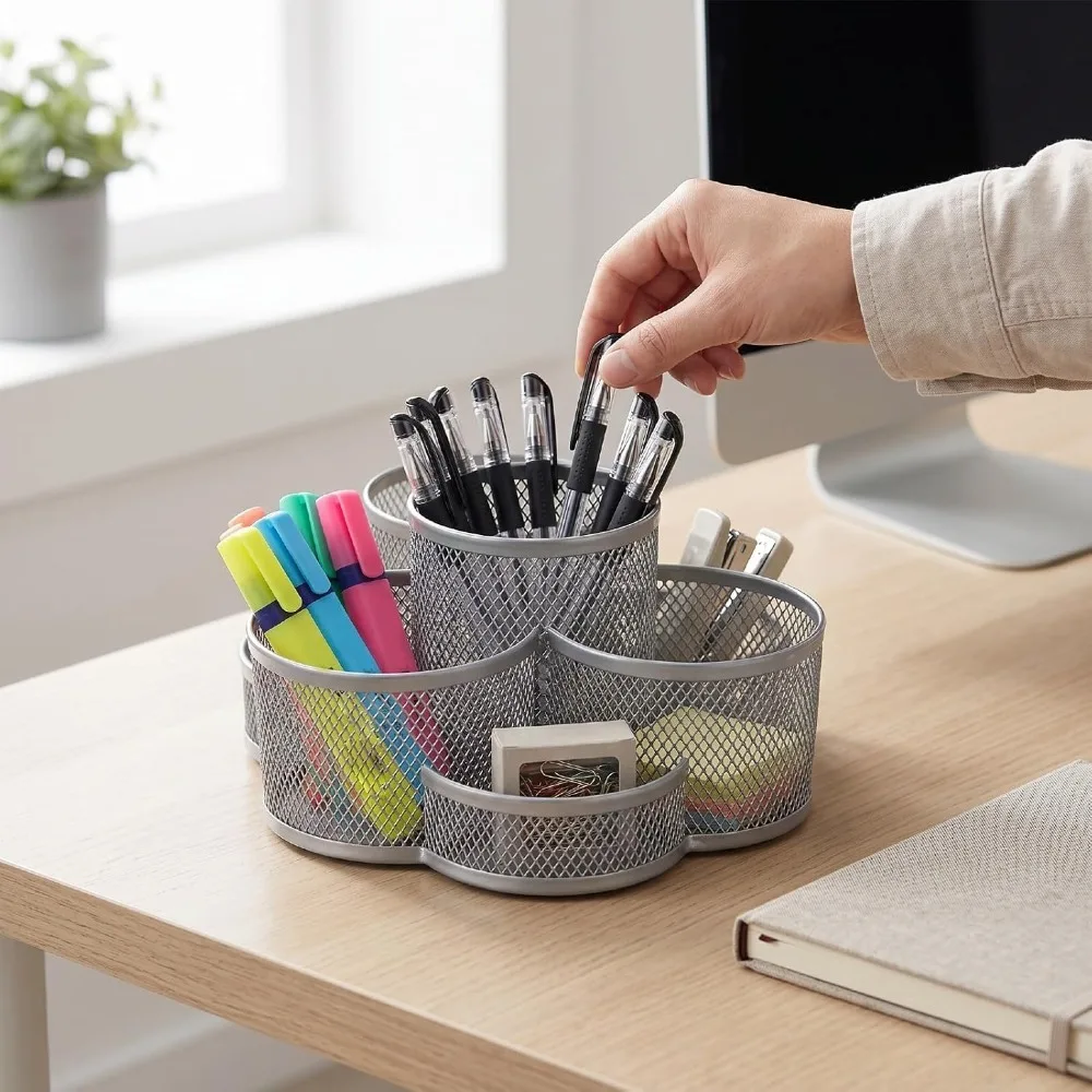 Mesh Rotating Pen Holder Silver Cylindrical Mesh Desk Organizer Metal Multi Grid Desk Storage Bucket Craft Supplies Storage