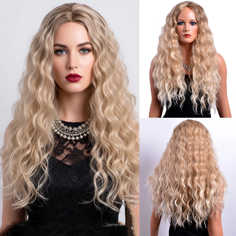 

Long Curly Wave Mixed Blonde Synthetic Wigs Loose Wave Middle Part Bangs For Women Daily Cosplay Party Heat Resistant