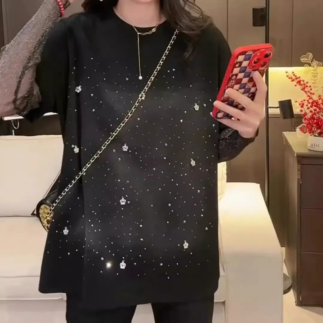 Crown Stamping Diamonds T-shirts for Women Gold Silk Mesh Long Sleeve Spliced New Lady Tees 2024 Spring Autumn Female Tops