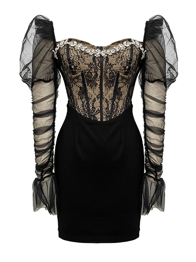 Vestidos de festa elegantes do vintage das mulheres senhora sexy luxo diamantes renda malha ver throngh manga longa vestido curto clube vestidos de baile