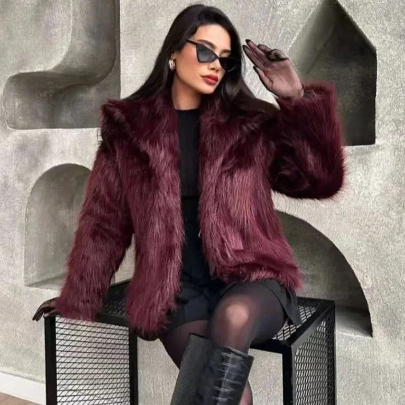 HXAO Women\'s Fur Coat Women 2024 Plush Burgundy Bomber Jacket Solid Crop Long Sleeve Jacket Warm Winter Coats Woman Casual Coats