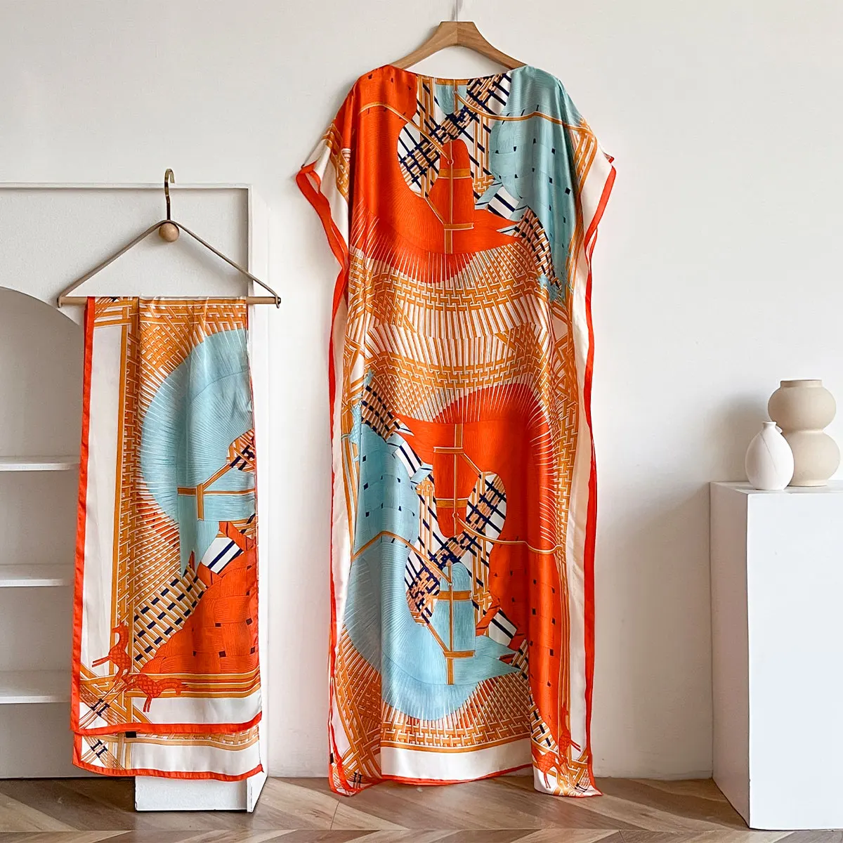 Summer New Fashion African Dresses For Women Elegant Printed Silk Muslim Lady Long Hijab Kaftan Dress Oversize Kuwait Abaya