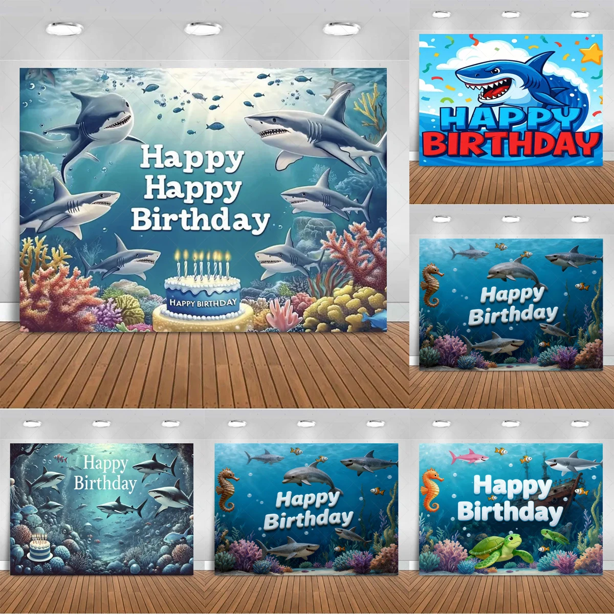 

Ocean Shark themed Birthday Party Decoration Background Children's Colorful Balloon Surprise Gift Banner Photography Studio Prop