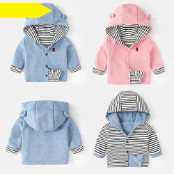 Ins Autumn Babys Girls Outerwear Coat Ins Striped Bear Embroidery Toddler Girls Jackets Cotton Toddler Girls Reversible Hoodies