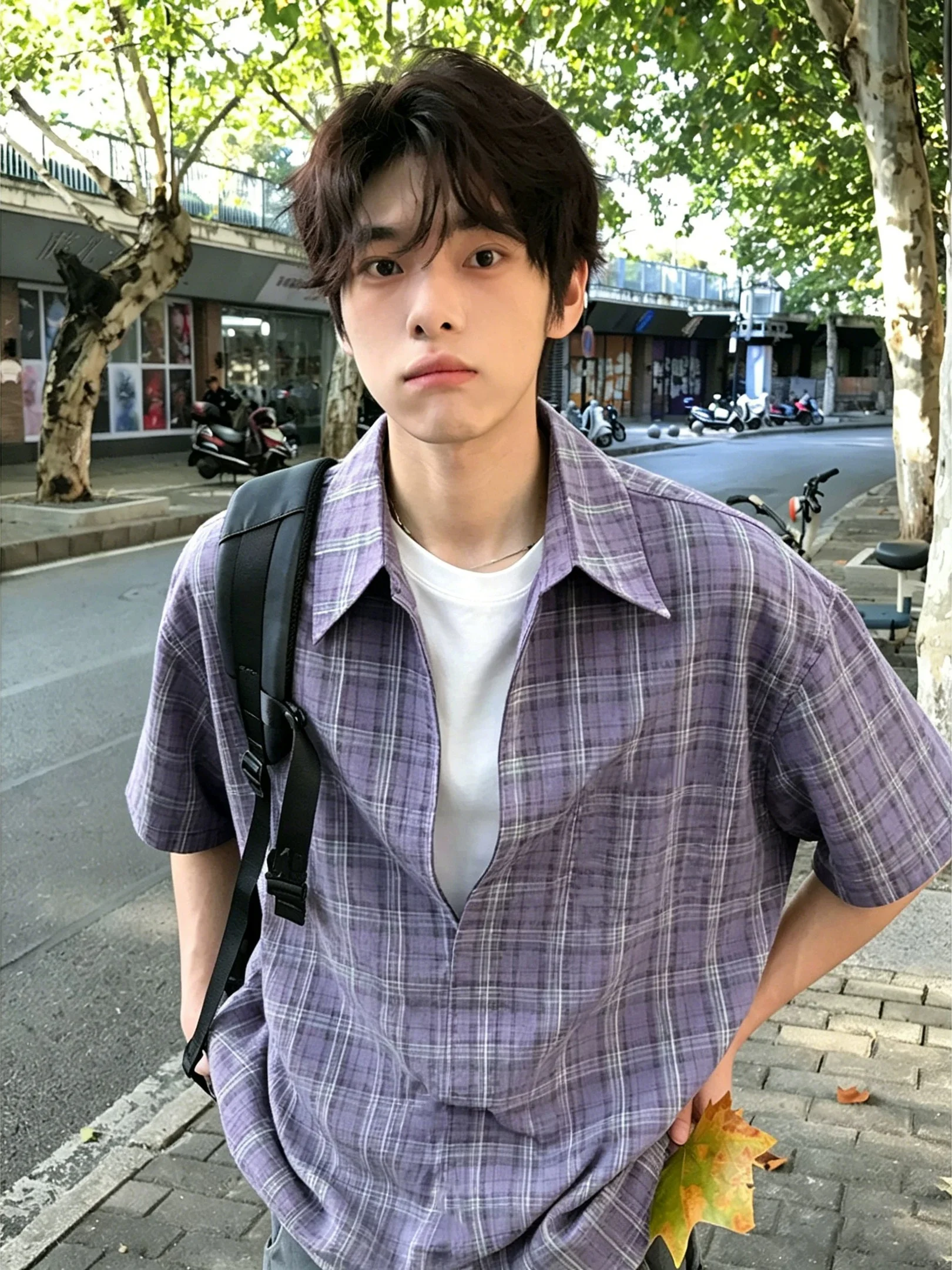 

Light Purple Plaid Short Sleeve Shirt Men's Summer American Cool Style Neck T-Shirt Loose Fit Breathable Youth Fashion