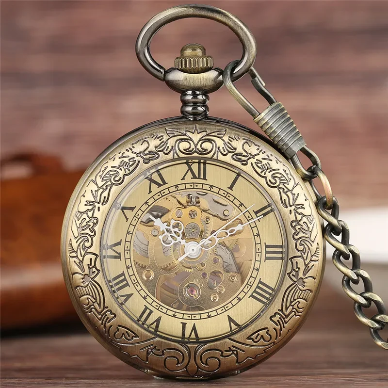 Bronze Automatic Mechanical Pocket Watch Men Women Retro Hollow Out Carving Roman Numeral Transparent Glass Cover Fob Chain Gift