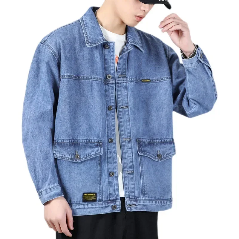 Fall High-end Denim Jacket Men's Baggy Multi-pocket Trend Matching Handsome Top Large Size Lapel Casual Jacket