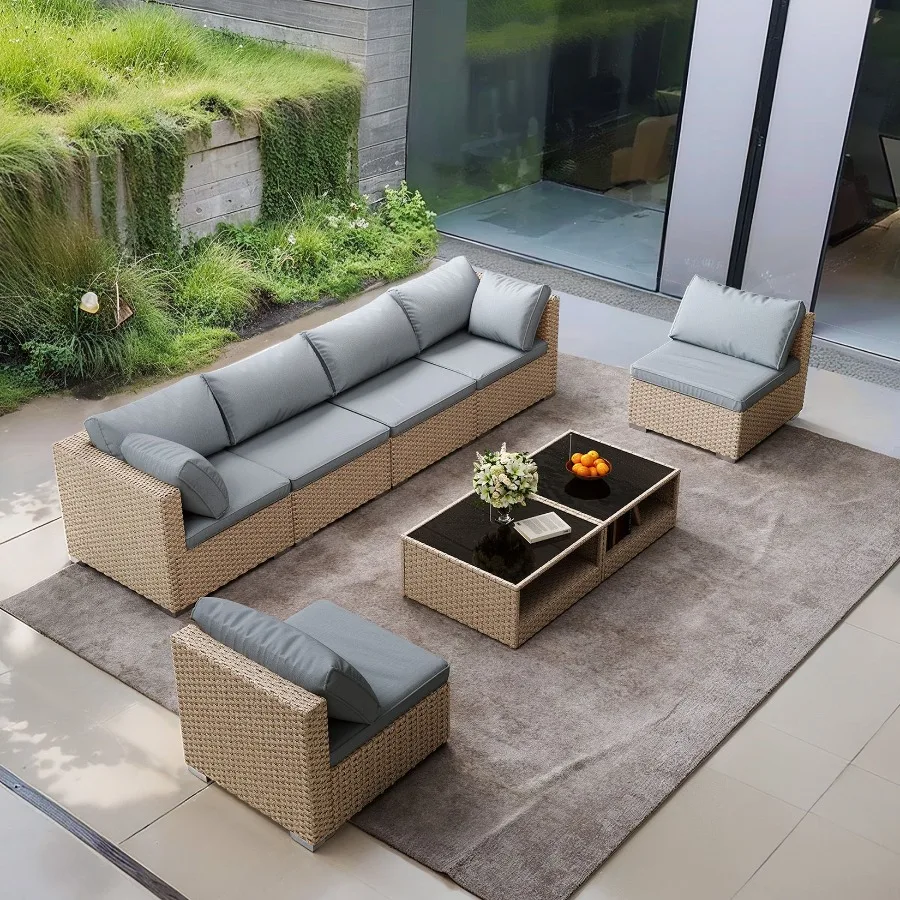 

8Piece Patio Furniture Set AllWeather Boho Outdoor Conversation Set Sectional Sofa with Water Resistant Grey Thick Cushions