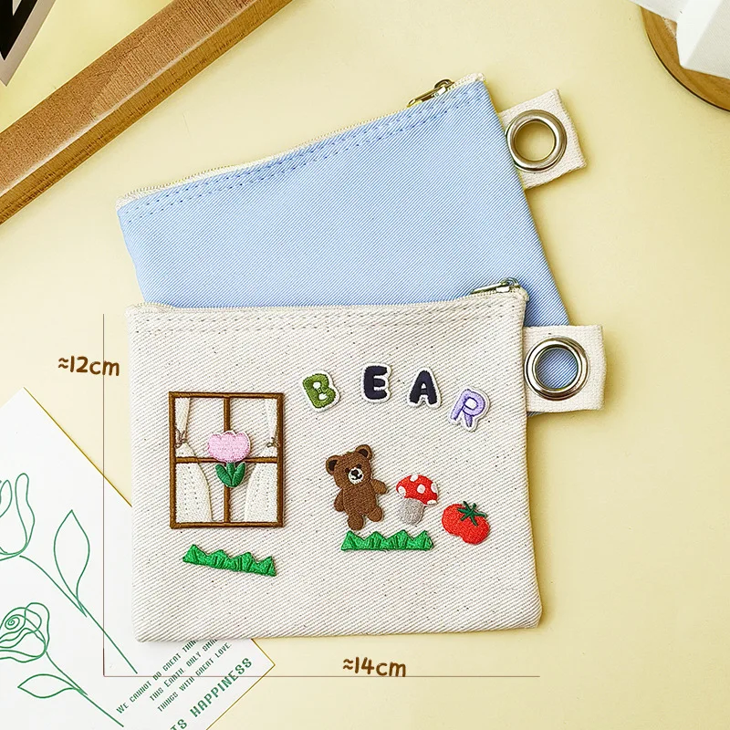 Custom Logo Solid Canvas Zipper Mini Pouch Metal Eyelet Ring Portable Coin Purse Key Card Lipstick Storage Wallet Bags Girls