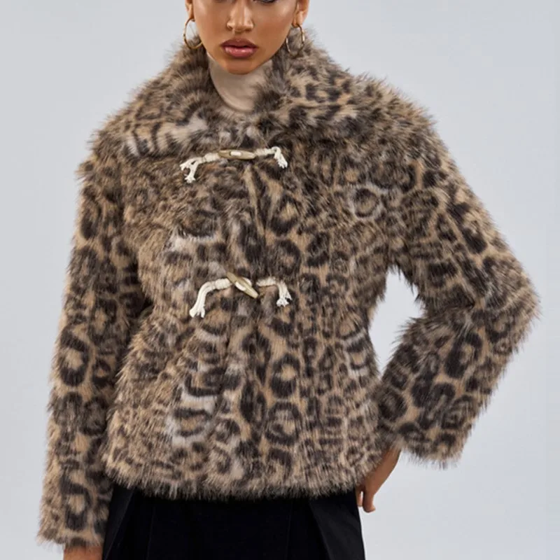 

2025 женская зимняя куртка в стиле ретро с лацканами и длинным рукавом из искусственного меха, шерстяная куртка, верхняя одежда, теплые плюшевые пальто, леопардовые топы из искусственного меха