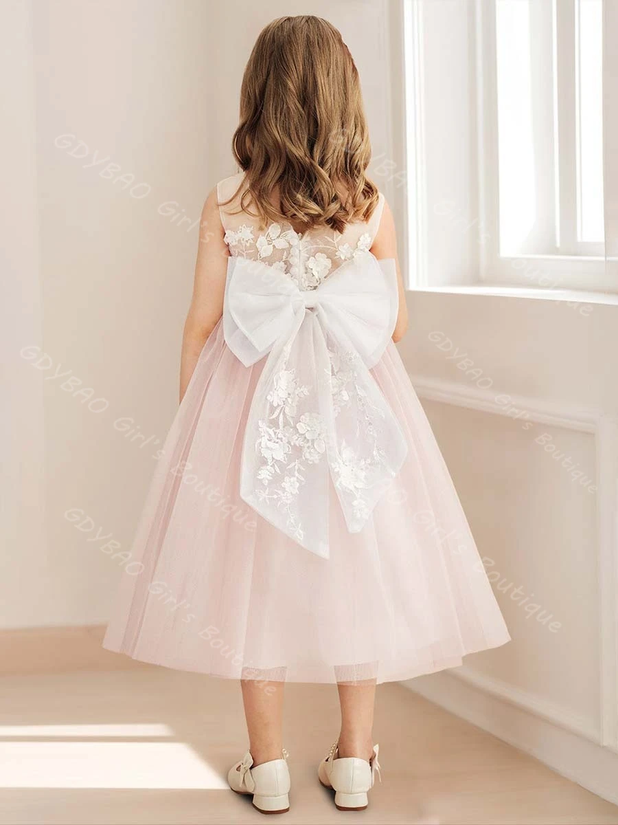

A-Line/Princess Tea-Length Pleated Flower Girl Dress with Appliques & Bow for 2-14 Kids Customized Pageant Birthday Party Gown
