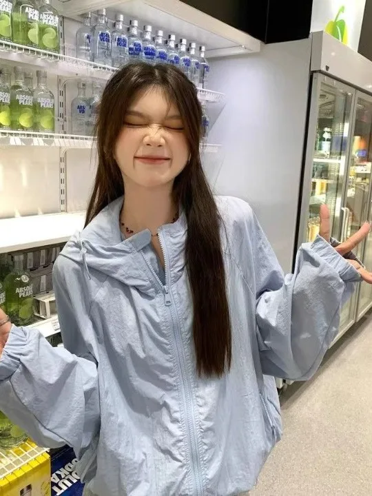 New Korean Style Blue Zipper Women's Summer Loose Hooded Thin Outerwear Top Fashionable Lightweight Windbreaker Jacket