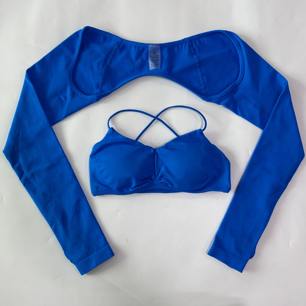 

Long Sleeve Shrug + Bra Sweat-Absorbing Quick-Drying Open Back High-Elasticity Thumb holes Sports Running Fitness Yoga Top