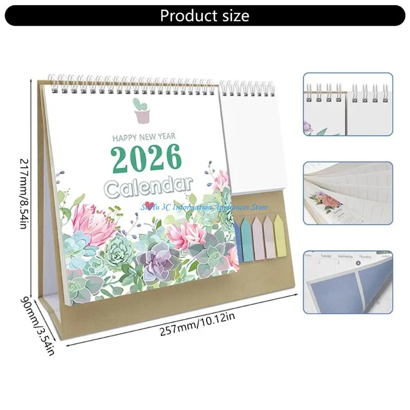 2026 년 1 월부터 12 월까지의 데스크 캘린더 노트 패드 스티커가있는 사무실 데스크톱 캘린더