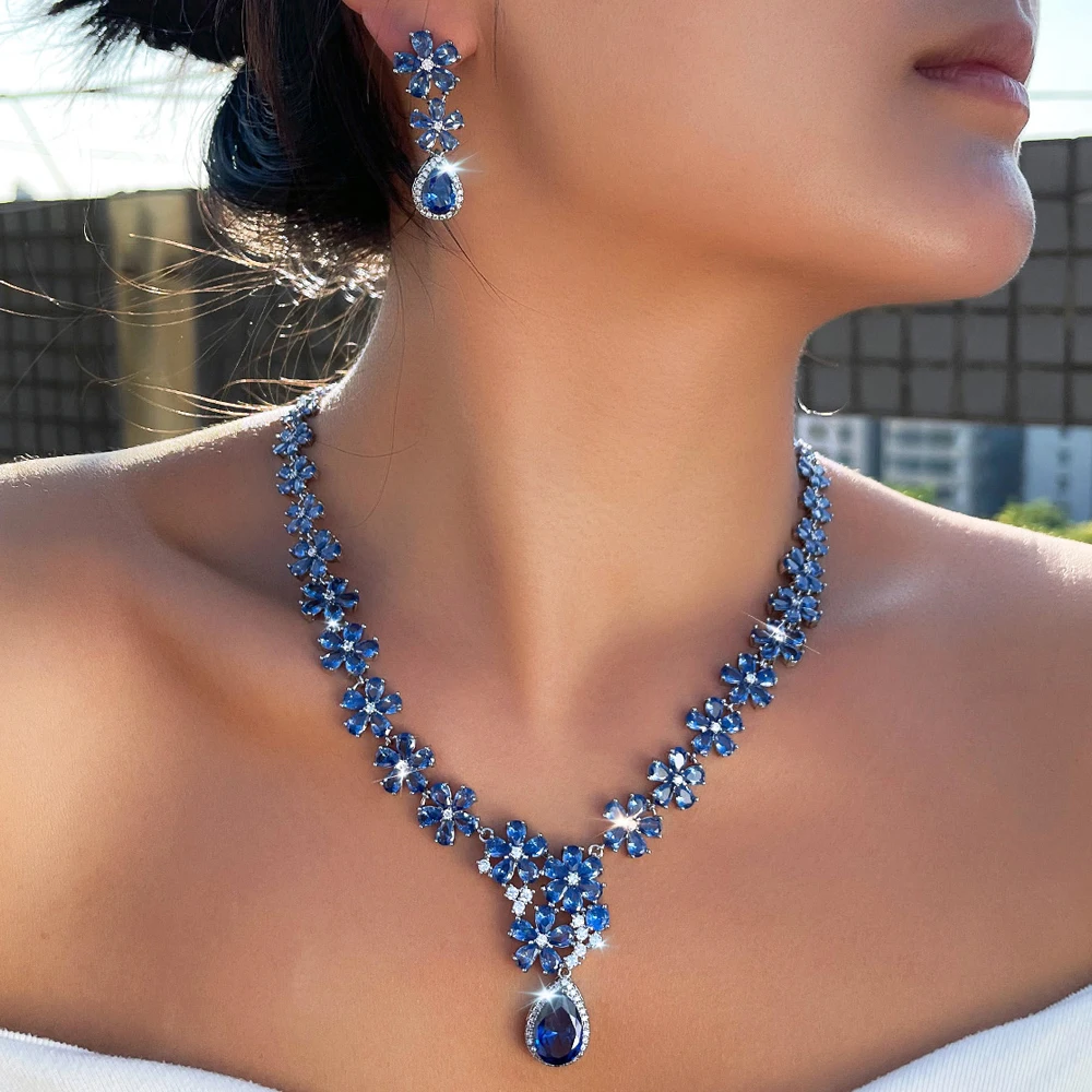 ThreeGraces Elegant Shiny Water Drop Synthetic Tanzanite Flower Shape Bridal Wedding Evening Party Jewelry Set for Women T1113