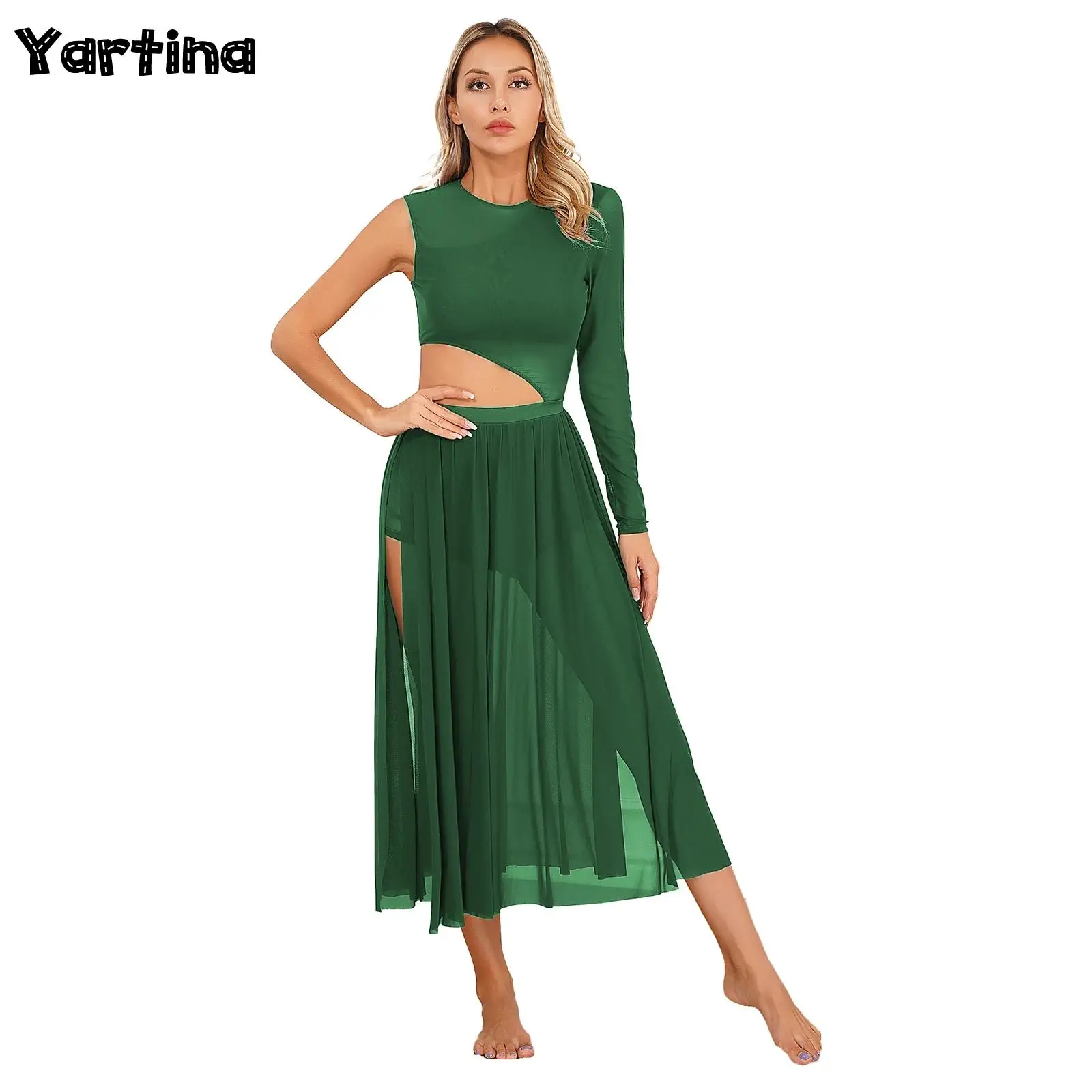 

Womens Ballet Lyrical Contemporary Dance Dresses Side Split Sheer Mesh Long Maxi Dress Gymnastics Leotard Figure Skating Costume