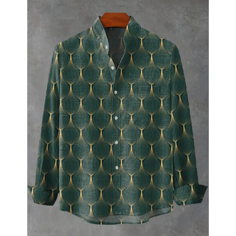 Moslim Kleding Heren Autumn Men's Stand-up Collar Linen Long-sleeved Shirt 3D Art Printed Simple Pattern Top Mens Casual Shirt