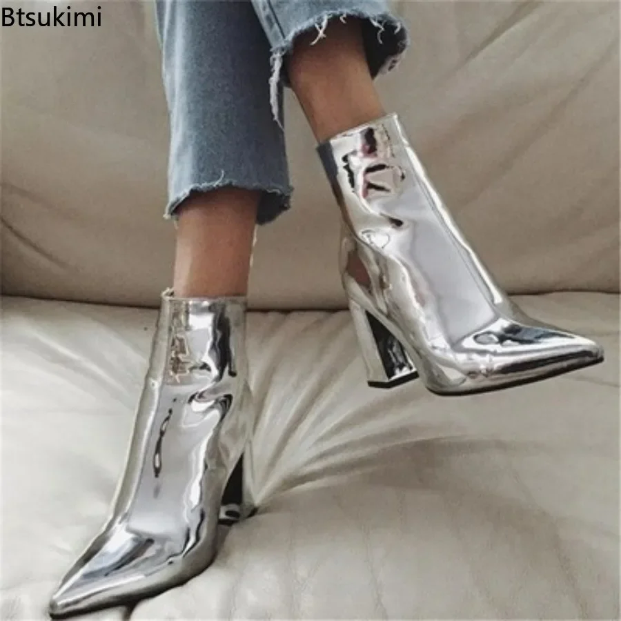 

New 2024 Women's Sexy Patent Leather Ankle Boots Pointed Toe Square High Heel Shoes Zippered Knight Boots Female Botas De Mujer