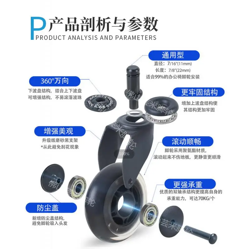 5Pcs 3 Inch Blue PU Office Chair Casters, Silent Universal Swivel Wheels for Gaming Chair & Computer
