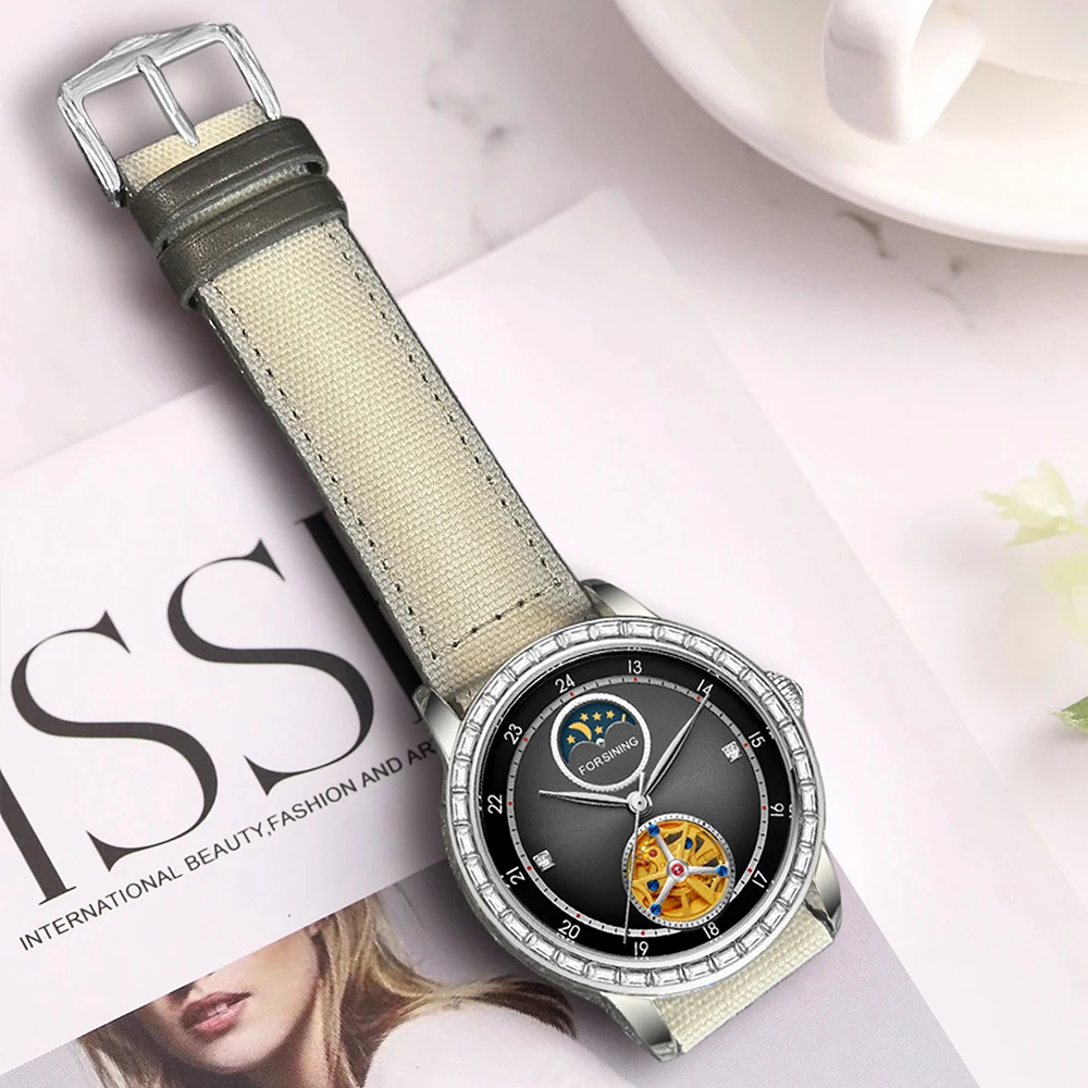 Forsining Men's Luxury Tourbillon Moon Phase Automatic Mechanical Movement Watch Carved Rhinestone Linen Fabric Strap Wristwatch