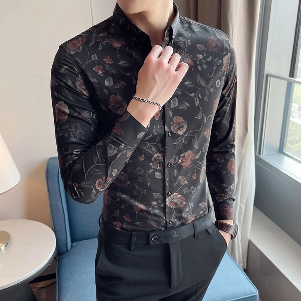 

Designer Floral Men's Shirt Slim Fit Long Sleeve Casual Ins Trendy High End Unique Streetwear Top