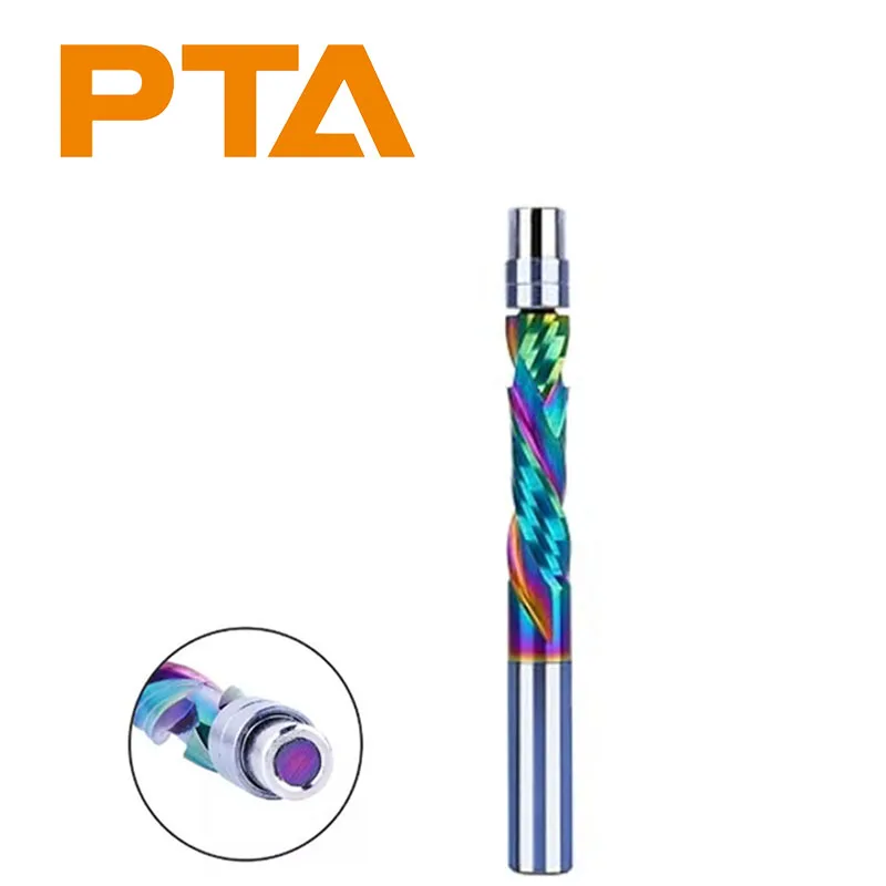 1pc DLC Coating Solid Carbide Bearing Guided Milling Cutters 2 Flutes Spiral Flush Trim 6MM/6.35MM/8MM Woodworking Trimmer Bit