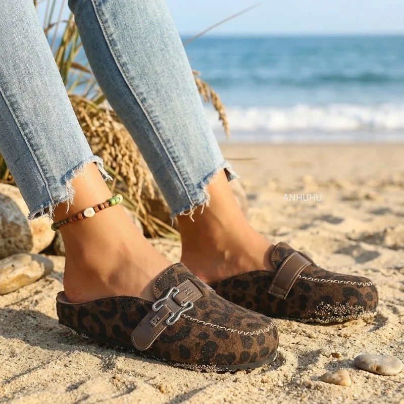 

Women Leopard Print Clog Mules Slip On Closed Toe Buckle Casual Comfort Suede Flats Lightweight Walking Loafers Soft Sole