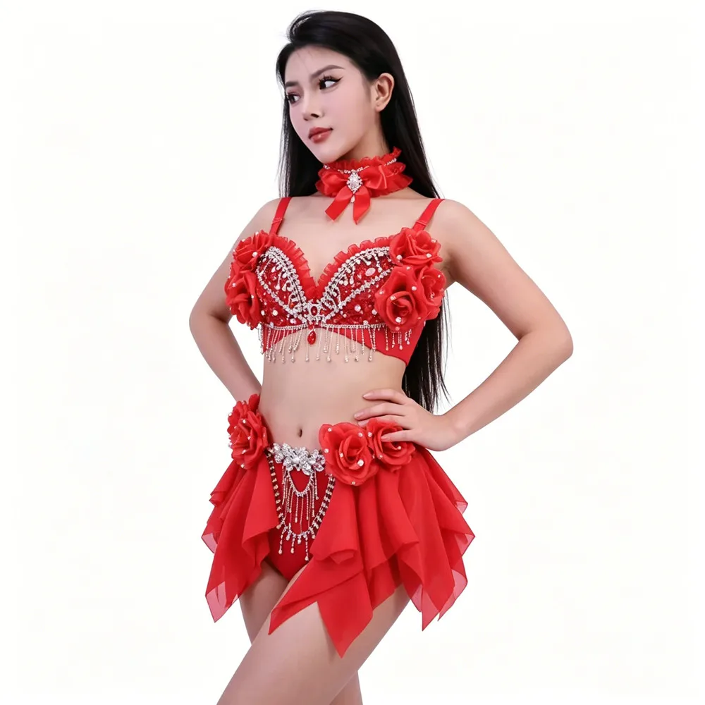 Sparkly Diamond Chains Red Floral Bikini Set Nightclub Bar Women DJ Dancer Singer Sexy Stage Wear Music Festival Outfit Costume