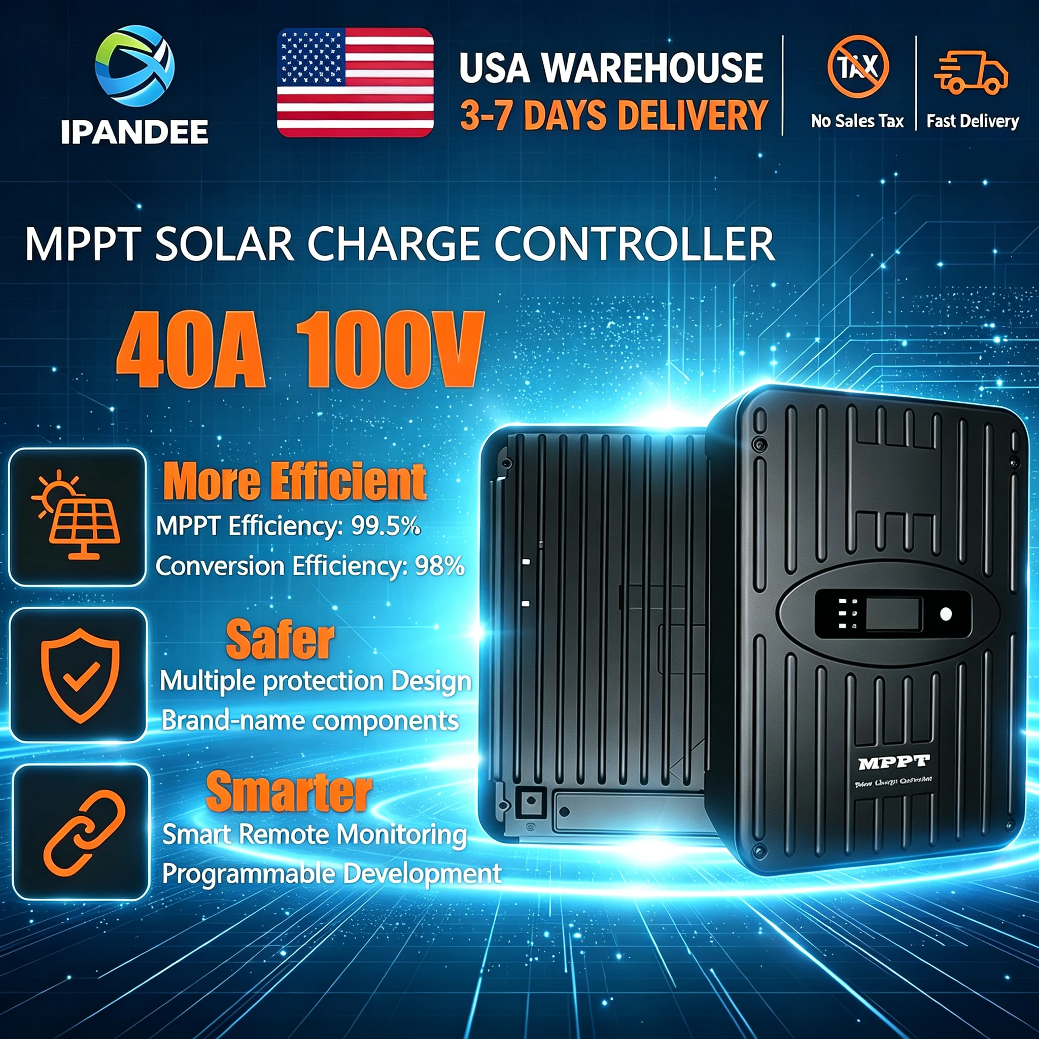 Ipandee Solar Charge Controller 40A 100V MPPT 12V/24V Auto Solar Charger, APP PC Monitoring for Lead-acid, AGM, Gel, Lithium Ect