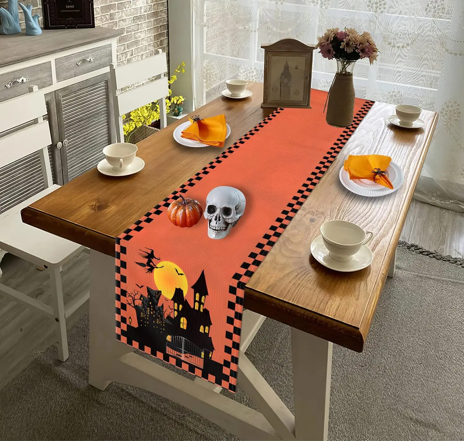 Halloween Haunted House Witch Castle Linen Table Runner Home Decor Decor Reusable Kitchen Dining Table Runners Halloween Decor
