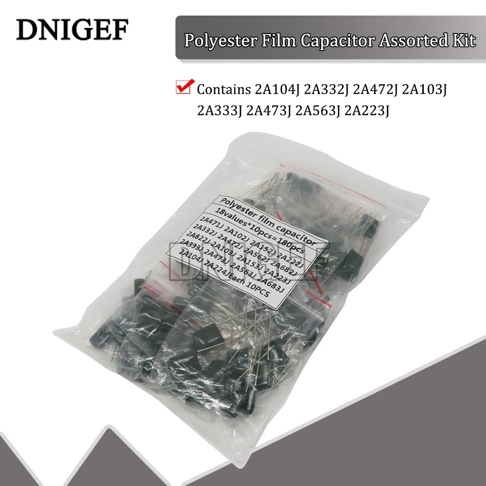 180PCS=18value*10PCS Polyester Film Capacitor Assorted Kit Contains 2A104J 2A332J 2A472J 2A103J 2A333J 2A473J 2A563J 2A223J