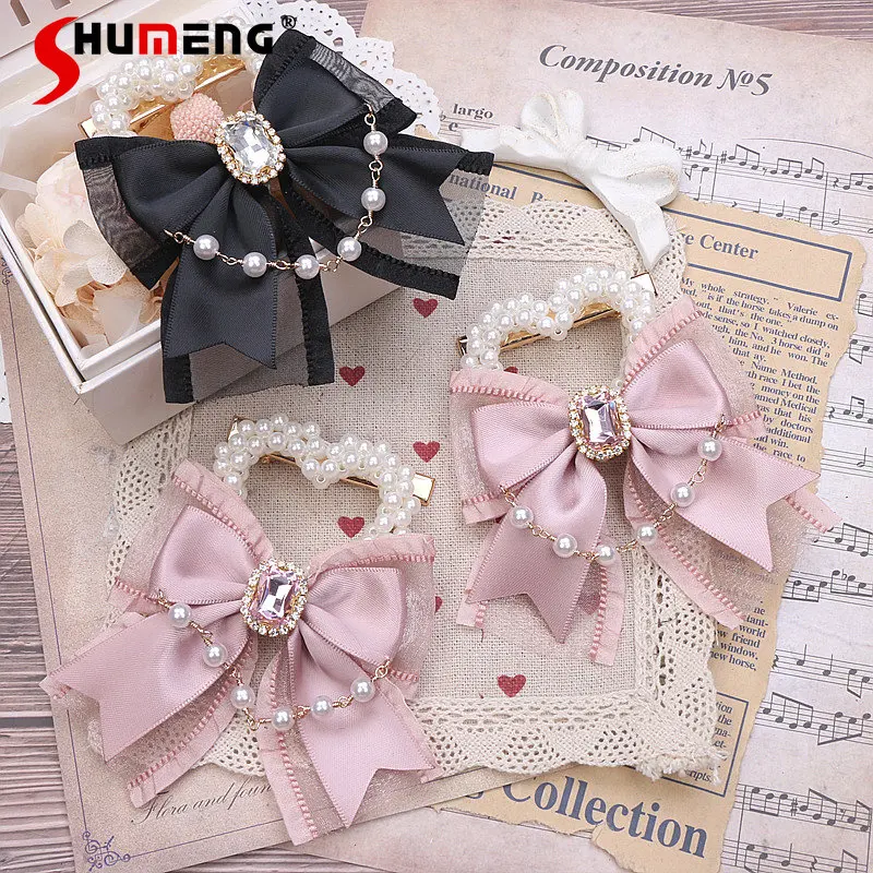 

Japanese Style Sweet Girl Head Clip 2023 Spring New Cute Handmade Beaded Bow Chain Pearl Barrettes Side Clip Woman Accessories