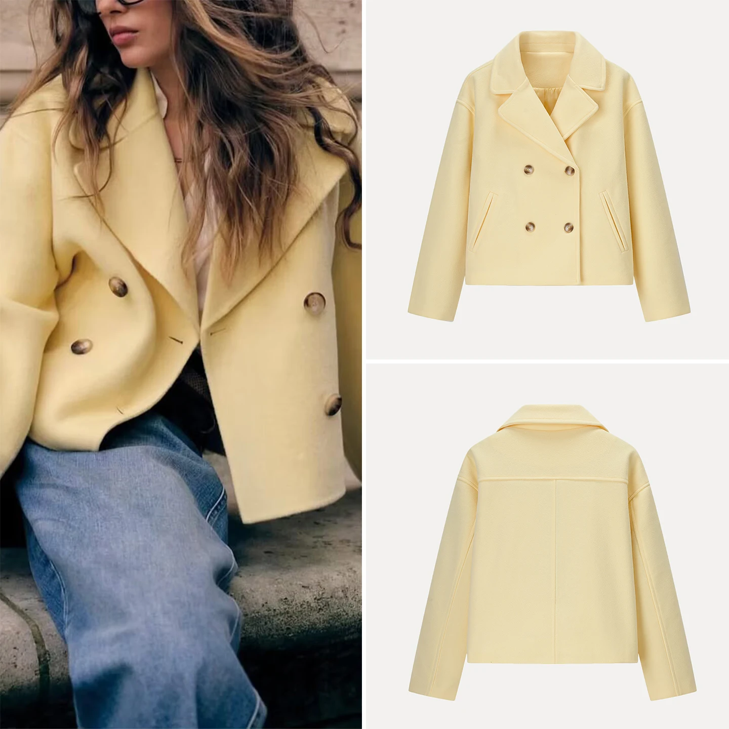 

Ele ort Woolen Coat Double Row Buttons Autumn New Arrival Women's Faion Outerwear Stand Fit Z Ladies Jaet