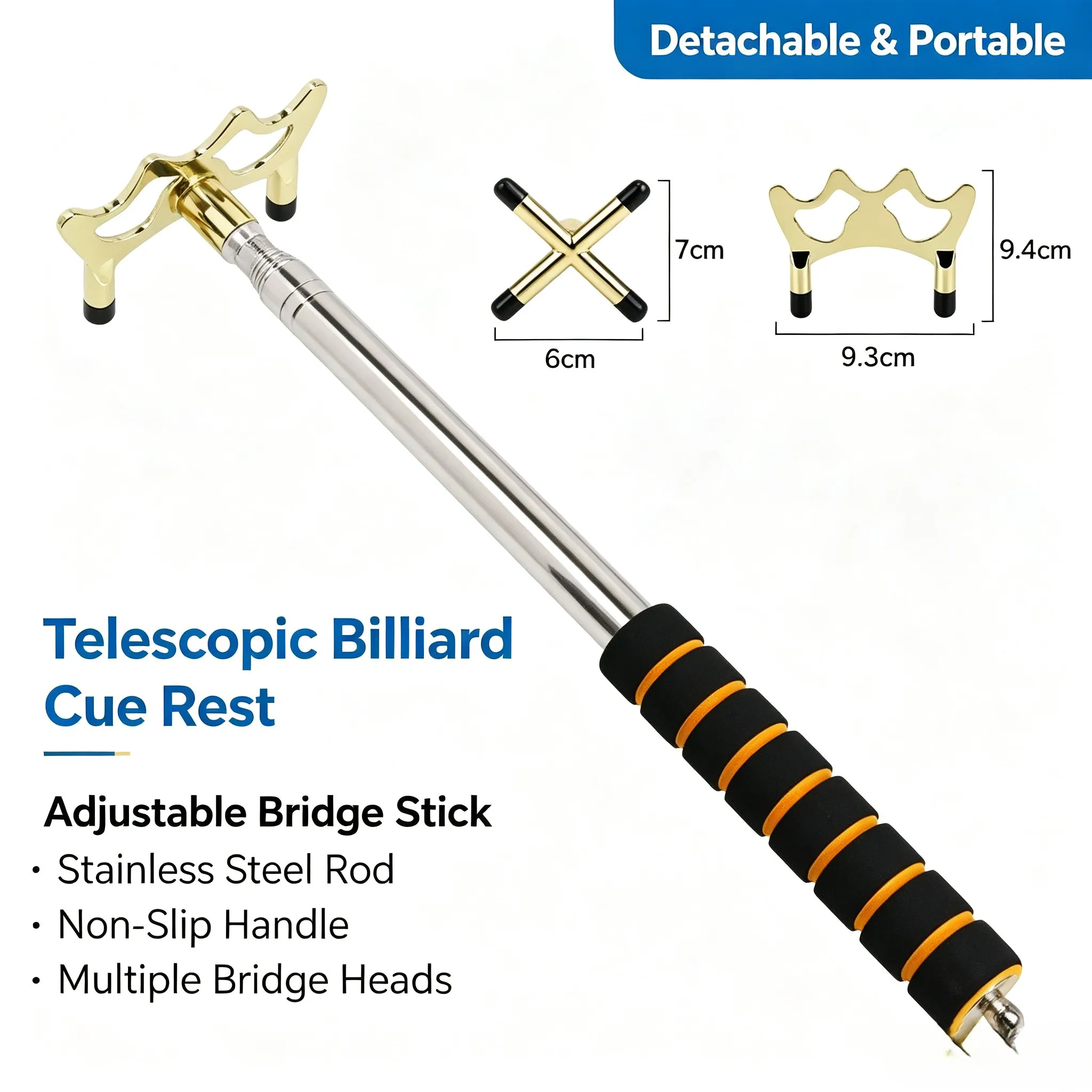 Telescopic Billiards Pool Cue Rest Stick Detachable Bridge Head Stainless Steel Billiard Accessory