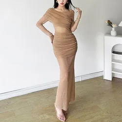 New Women's Solid Color Slim Fit High Waist Fashionable Round Neck Long Sleeved Mesh Dress