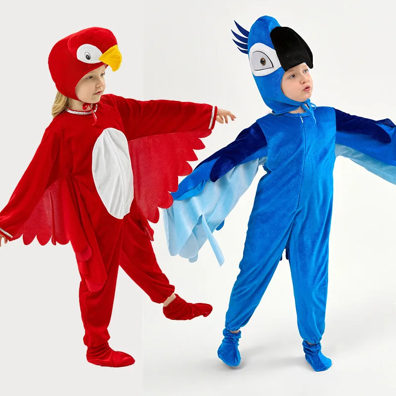 Kids Parrot Costume in Red & Blue, Velvet Animal Dress for Stage Performance - Image 3