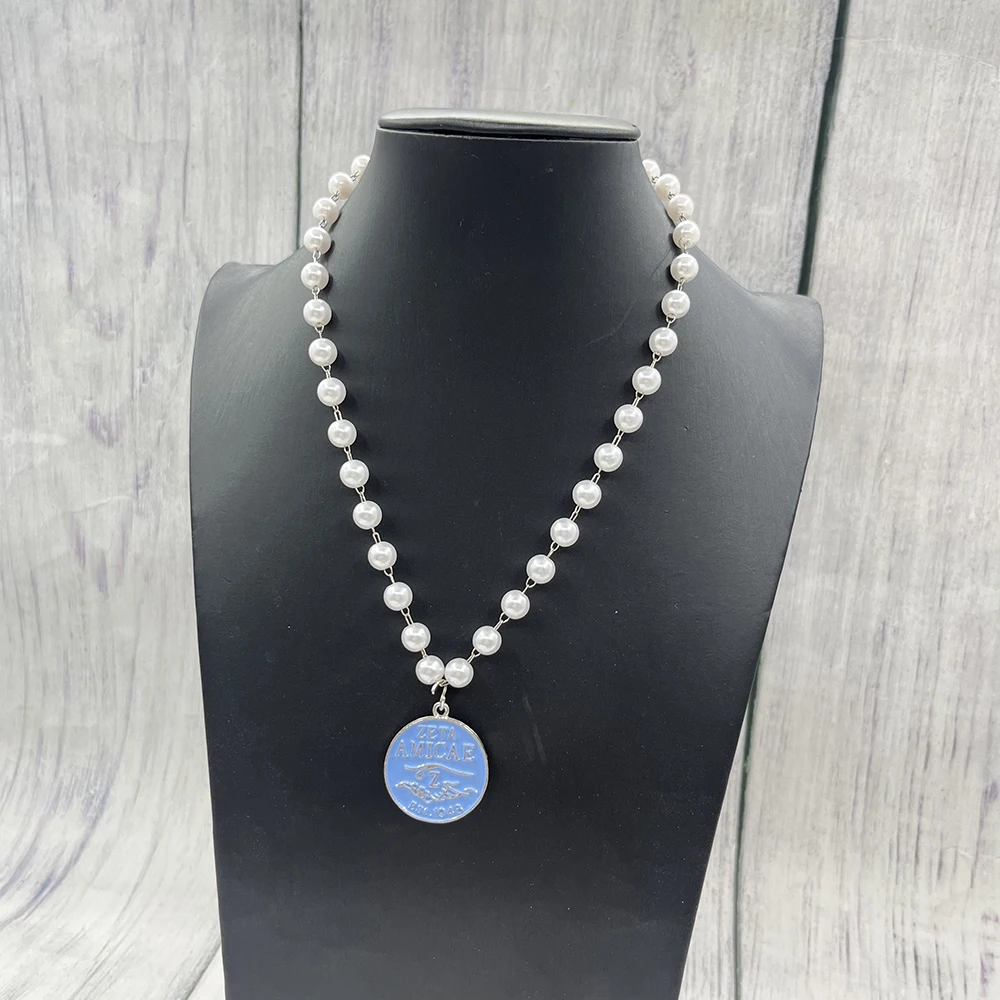 Multi Layer Sorority Light Blue Beaded Zeta Amicae Enamel Round Pendant Crest Pearl Necklace Bracelets Sets