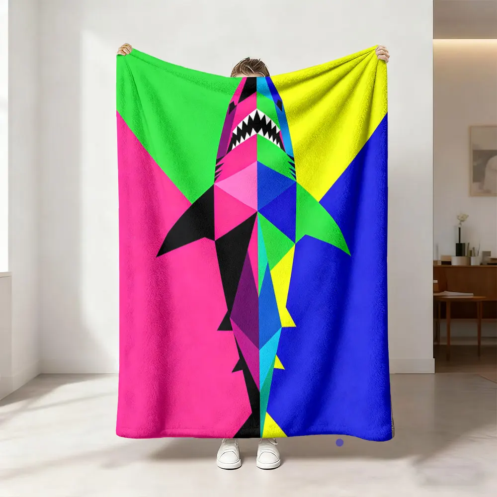 Geometric Colorful Shark Printed Flannel Blanket Modern Art Style Soft Warm Cozy Throw Blanket