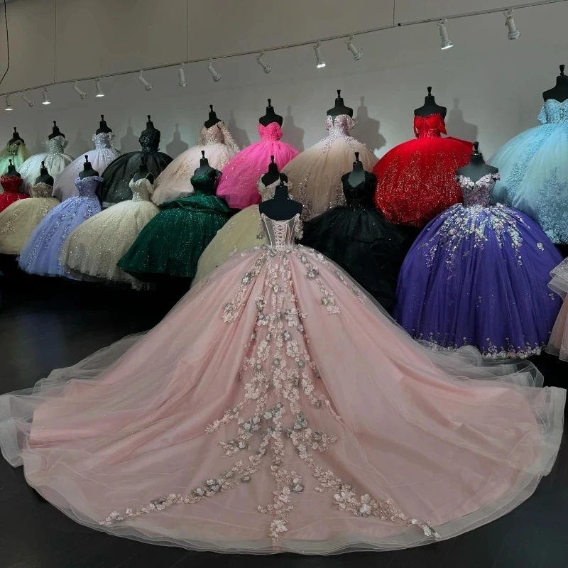 فستان Quinceanera وردي فاتح ، فستان كرة مشد مكشوف الكتف ، 3DFlower زين ، حبات دانتيل ، كريستال Tull ، حلو 16 ، 15 سنة